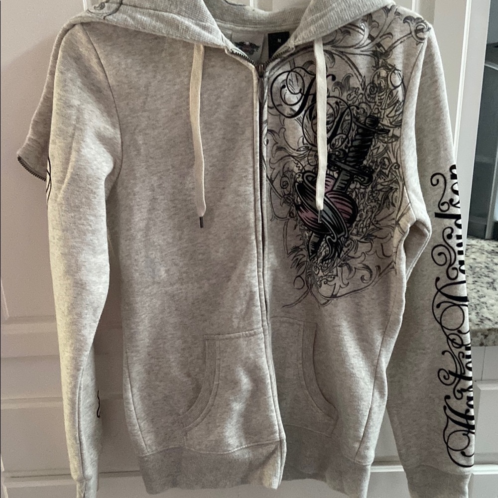Gray Zip-Up Hoodie with Decorative Graphic